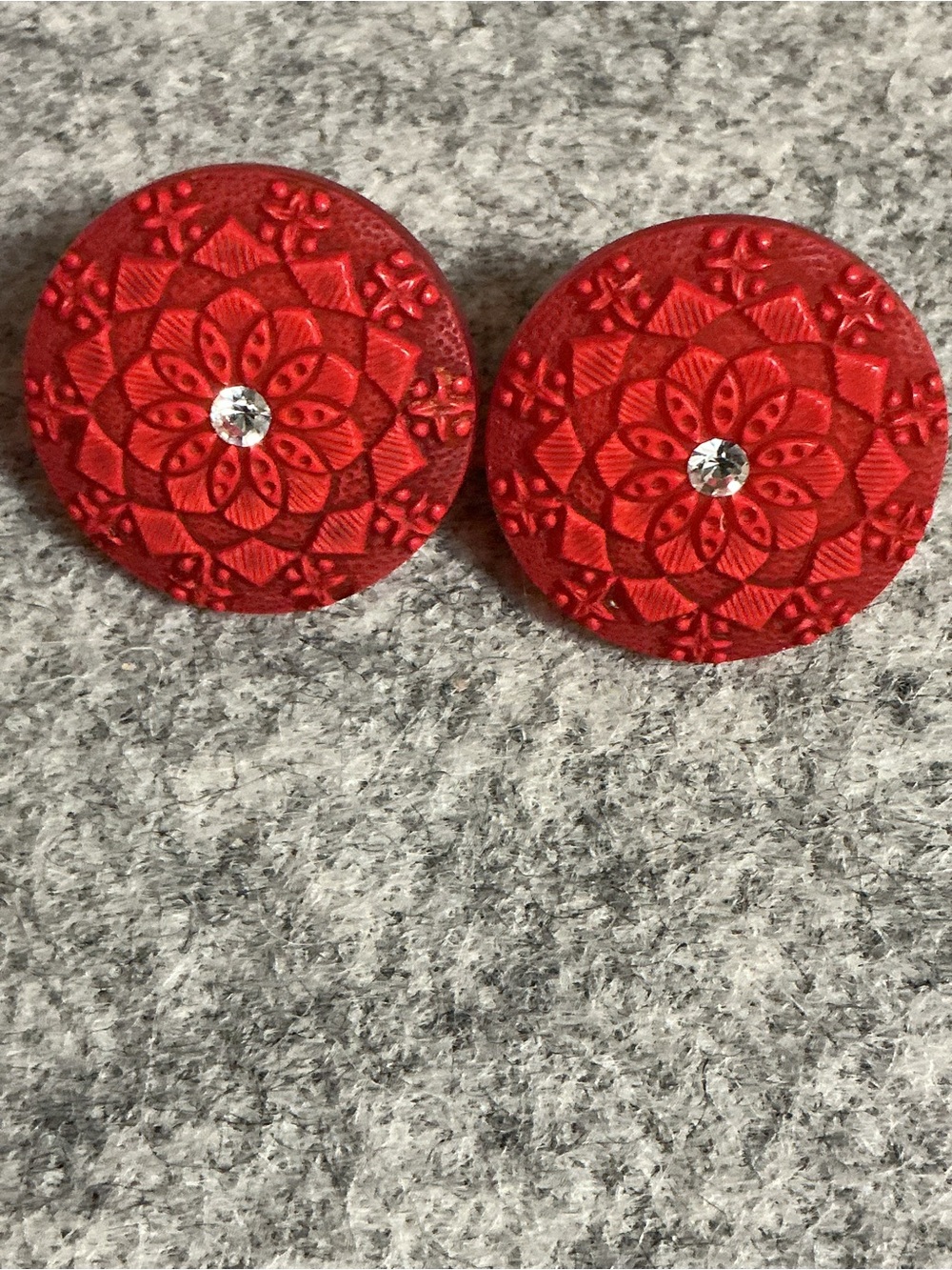 Red Floral Carved Button Earrings with Crystal Accent